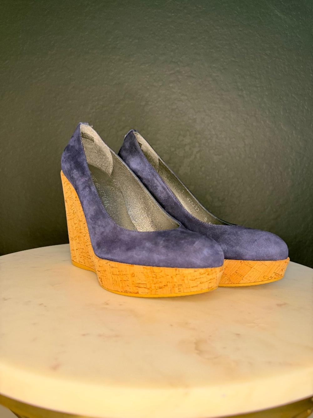 Stuart Weitzman Navy Blue Suede Cork Wedge Heels – Size 8M – In Box